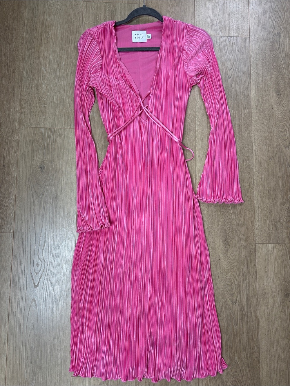Hello Molly Hot Pink Pleated V-Neck Long Sleeve Dress